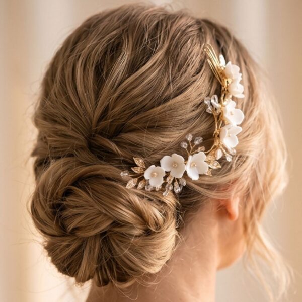 Ceramic White Flower Gold or Silver Leaf and Crystal Bridal Hair Vine
